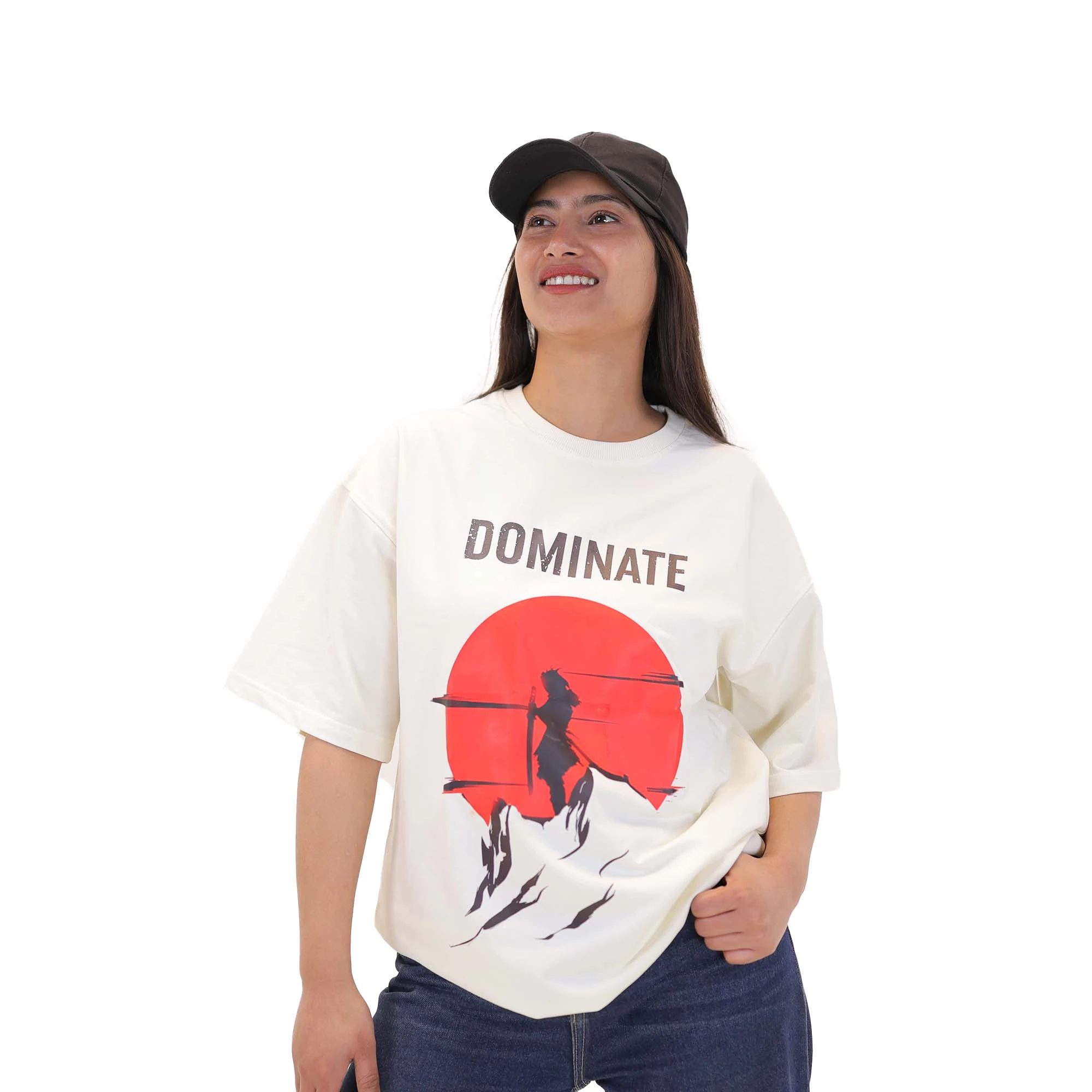 Women’s Off-White “Dominate” Graphic Oversized T-Shirt – Premium Cotton Printed Casual Streetwear Tee