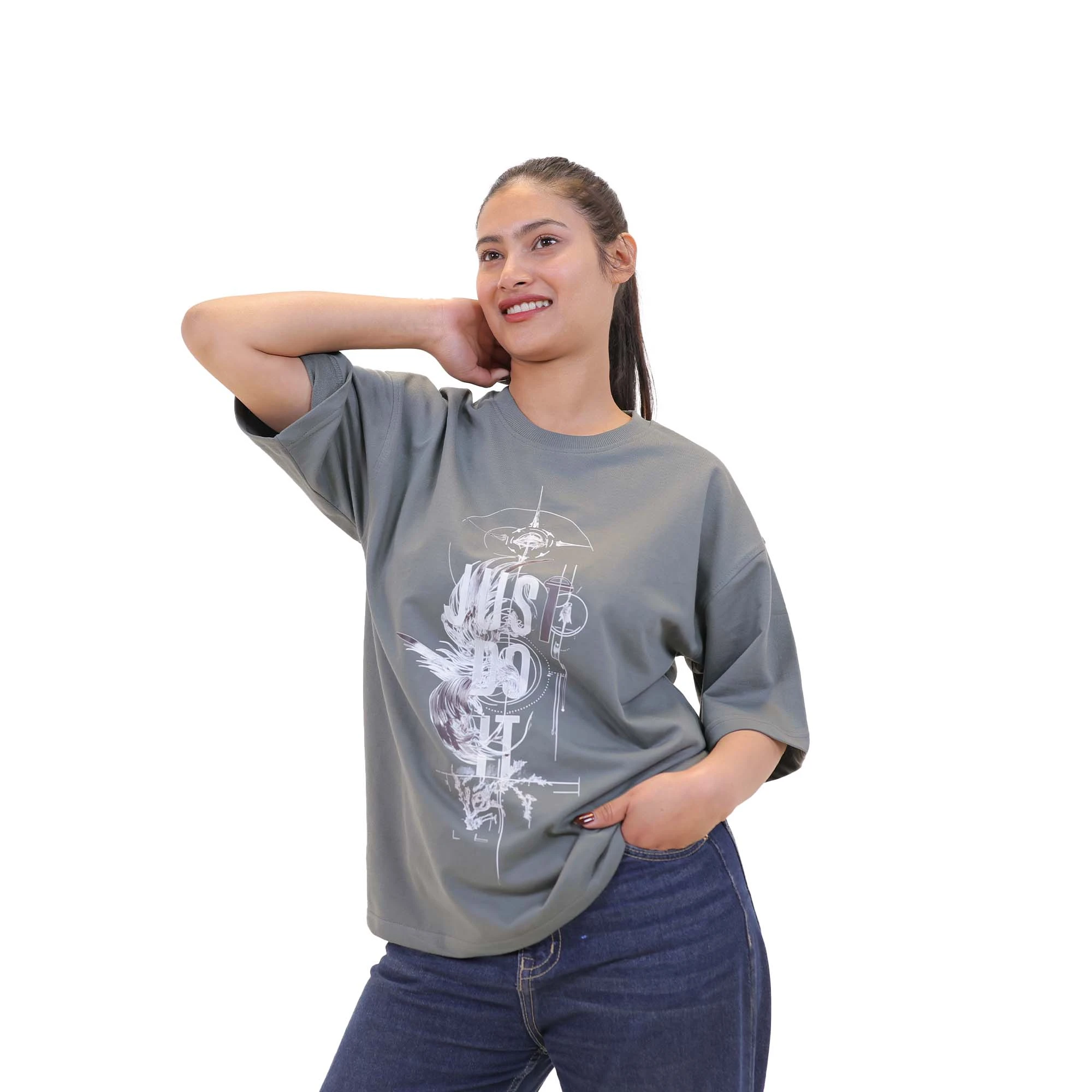 Women’s Sage Grey Abstract Graphic Oversized T-Shirt – Premium Cotton Printed Casual Streetwear Tee