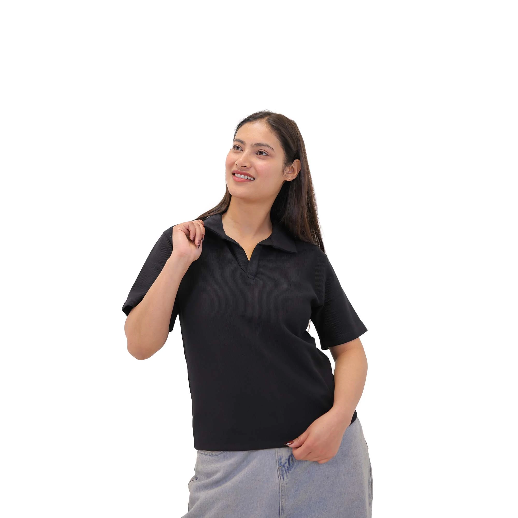Women’s Solid Black Ribbed Polo T-Shirt – Premium Cotton Smart Casual Top